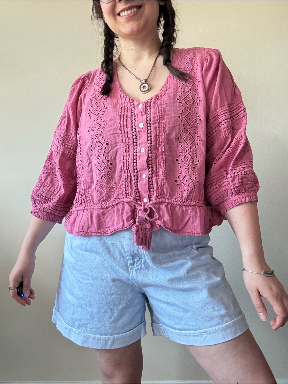 Lucky Pink Eyelet Peasant Blouse - Relaxed Women's Top